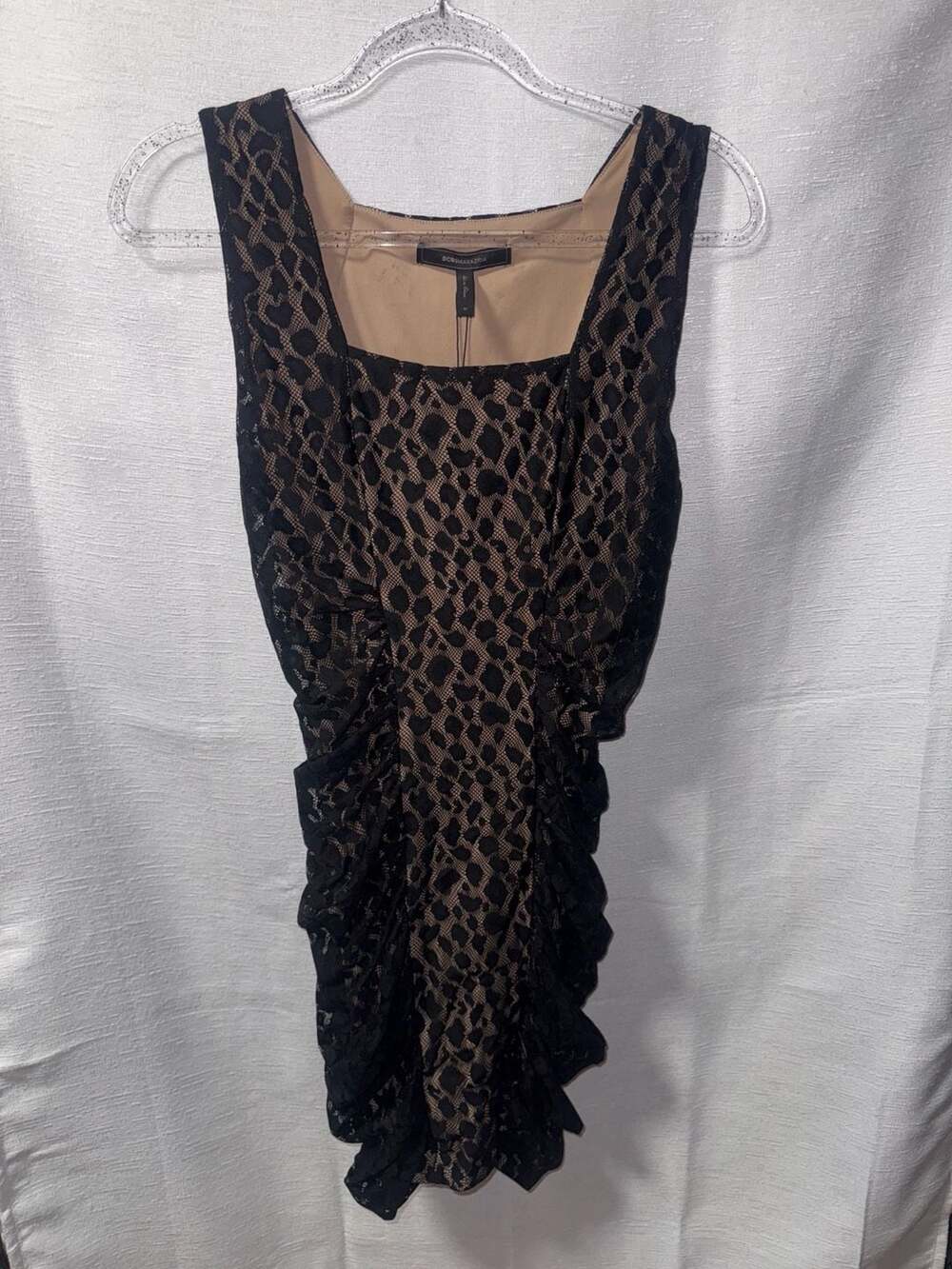 BCBGMAXAZRIA Black Lace Leopard Print Ruched Sleeveless Mini Dress